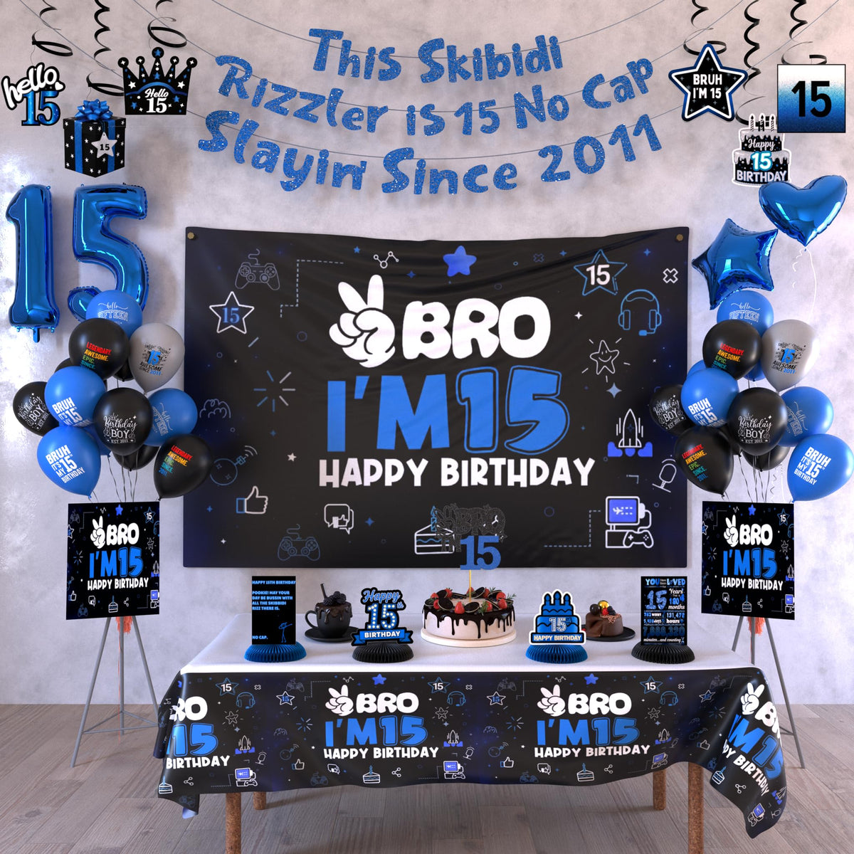 LQA Decor Black Blue 15th Birthday Backdrop for stunning photos