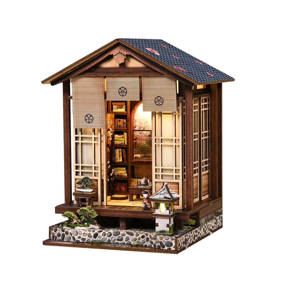 LSJALJJ DIY Book Nook Kit Japanese Machiya with LED light for warm shelf illumination.