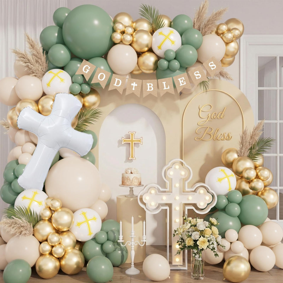 LSYBBDECOO baptism balloons in green sand white create an elegant backdrop for photos