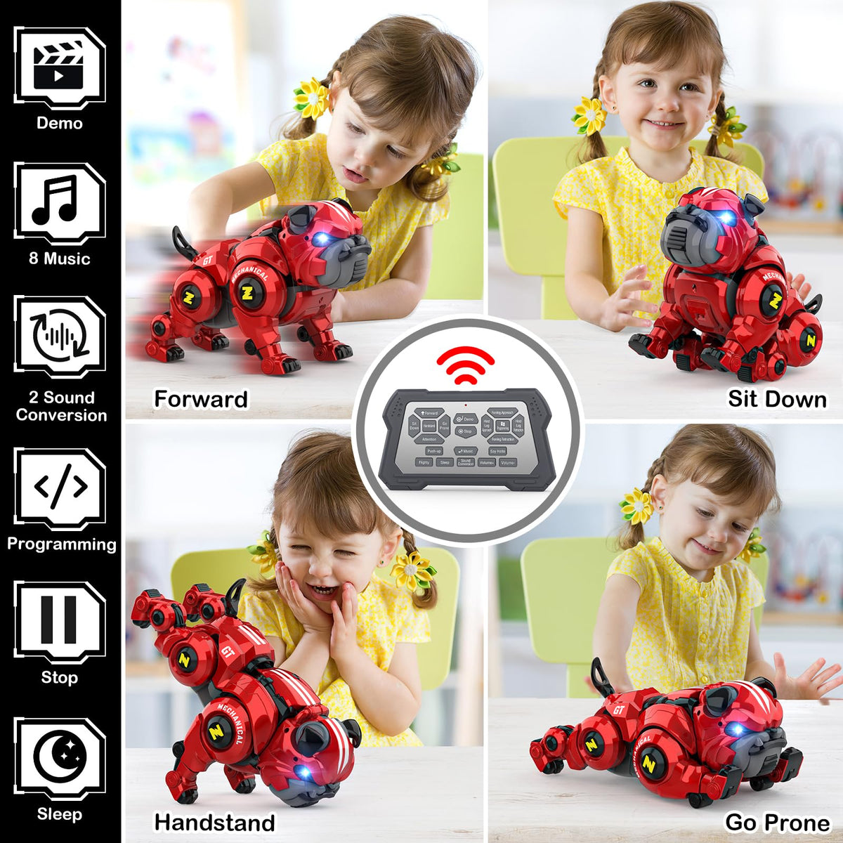 Lterfear robot dog touch activation enables interactive reactions during play.