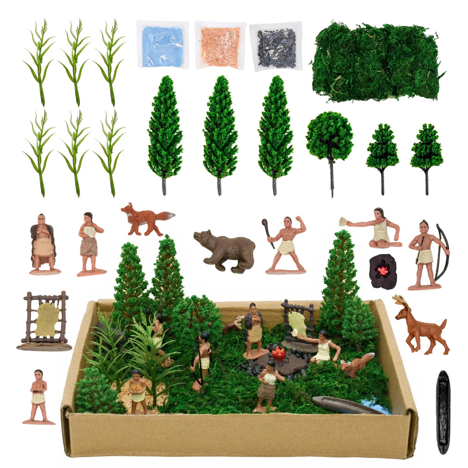 LuciPaw Native American figures canoe scene for imaginative history play and classroom dioramas.