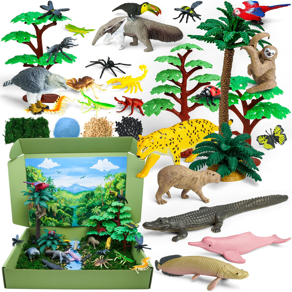 Lucipaw rainforest animals figures set for realistic classroom dioramas and creative play.