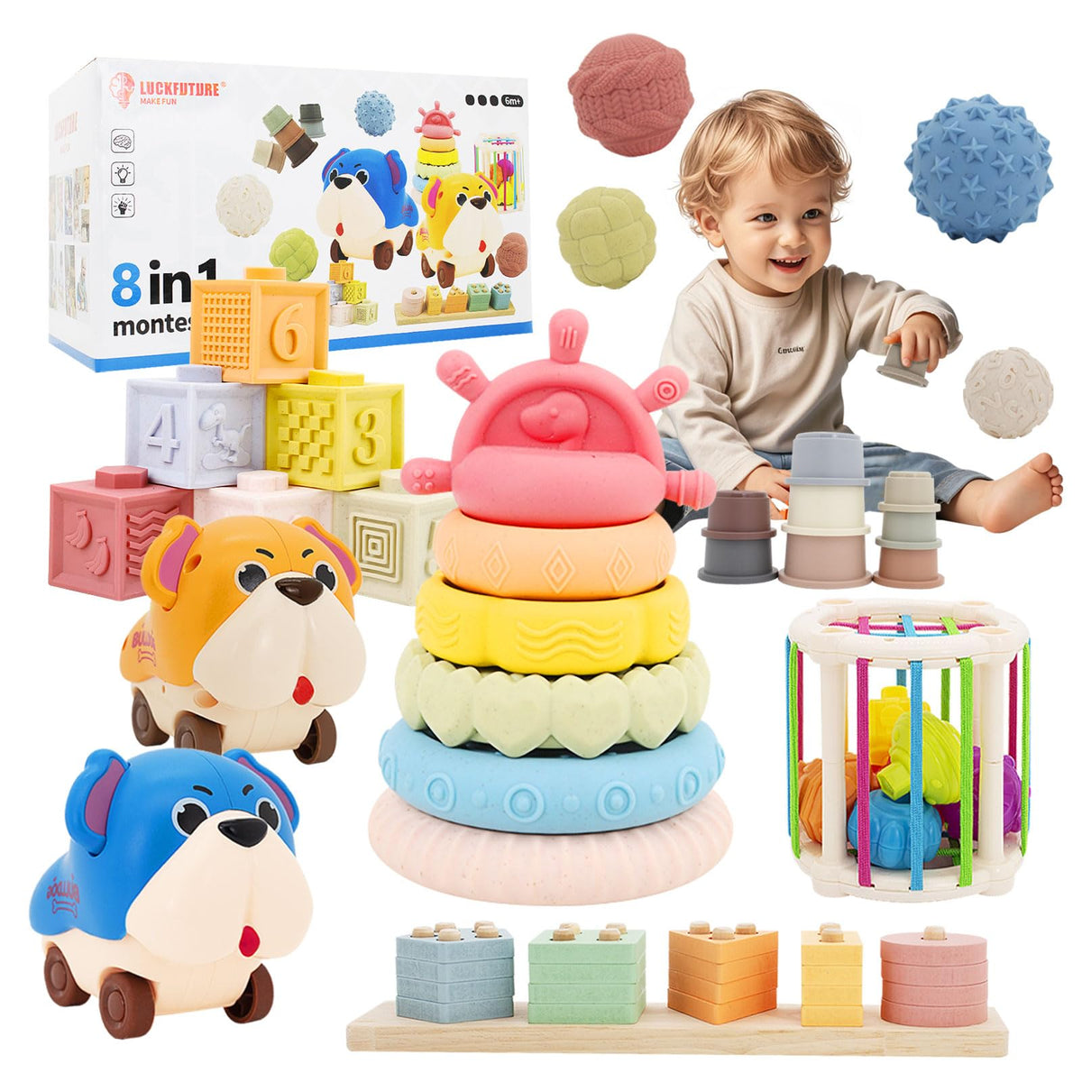 LUCKFUTURE 8-in-1 Montessori stacking blocks improve color and shape recognition.