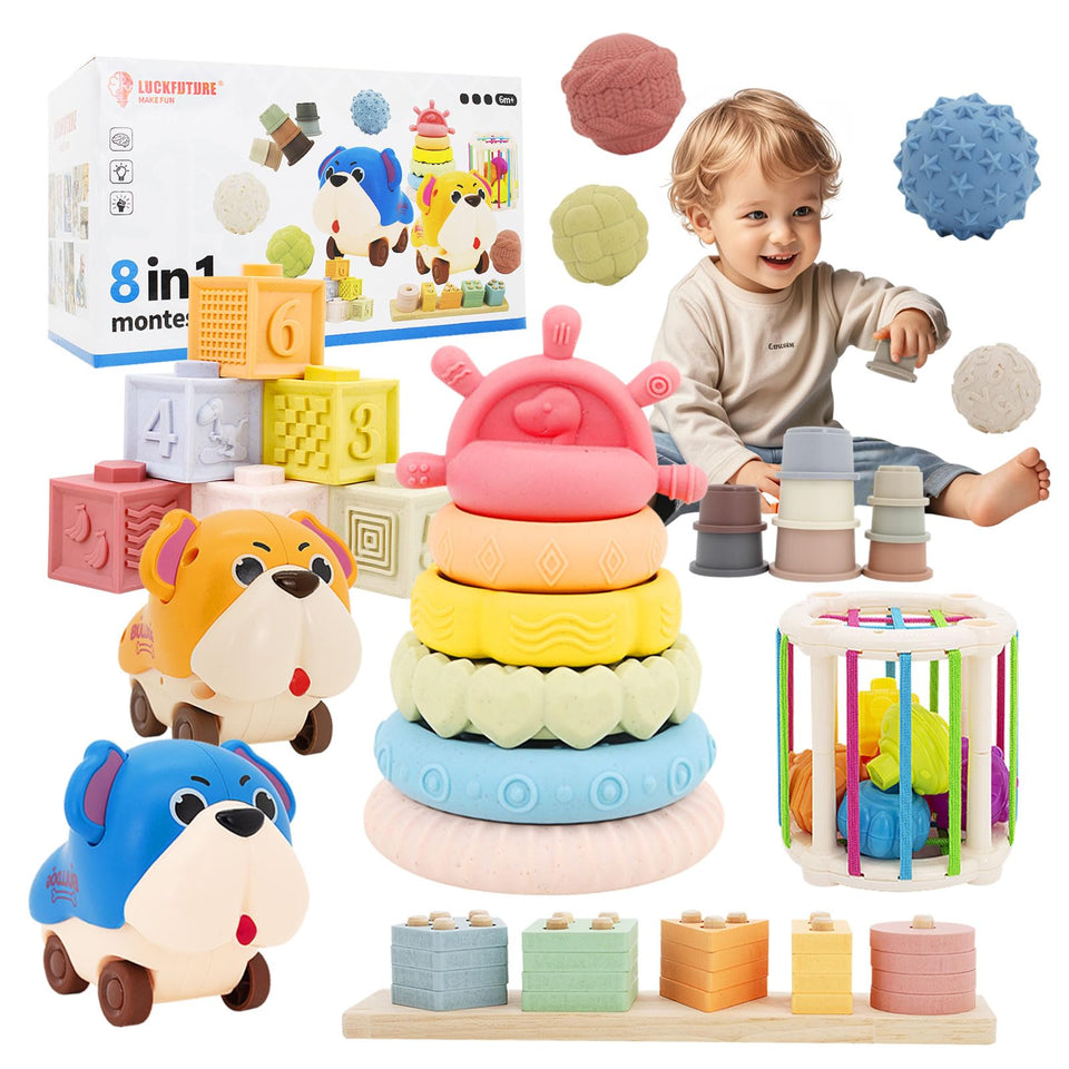 LUCKFUTURE 8-in-1 Montessori stacking blocks improve color and shape recognition.