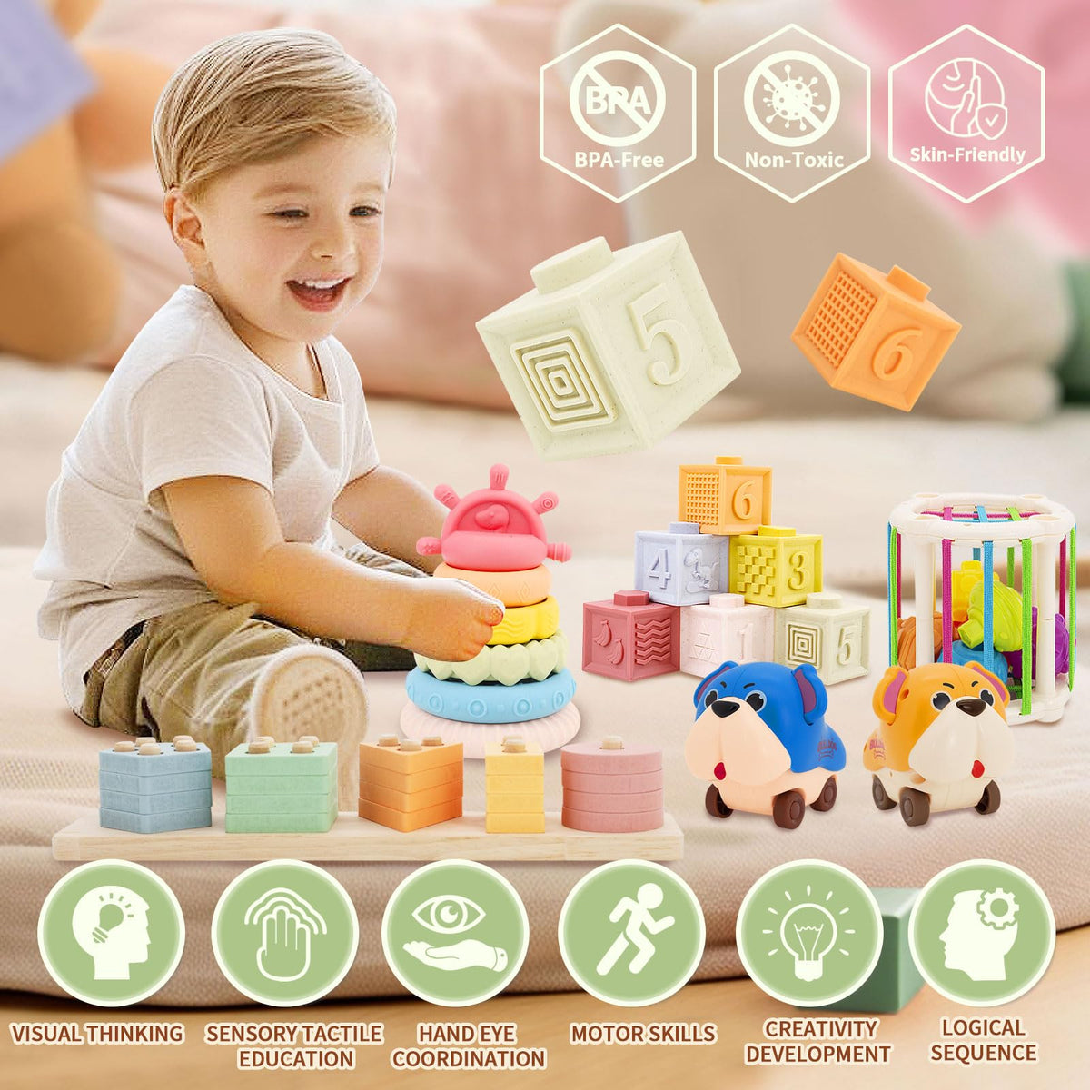LUCKFUTURE stacking rings supporting fine motor skills and coordination.