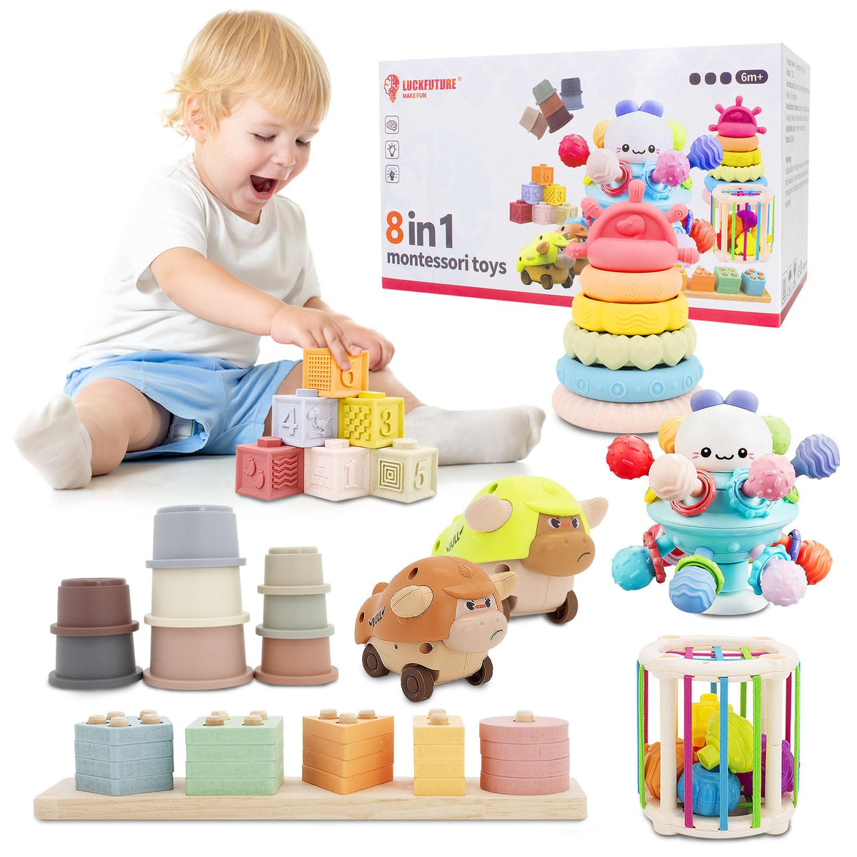 LUCKFUTURE 8-in-1 baby toy set spurs color and shape recognition during play