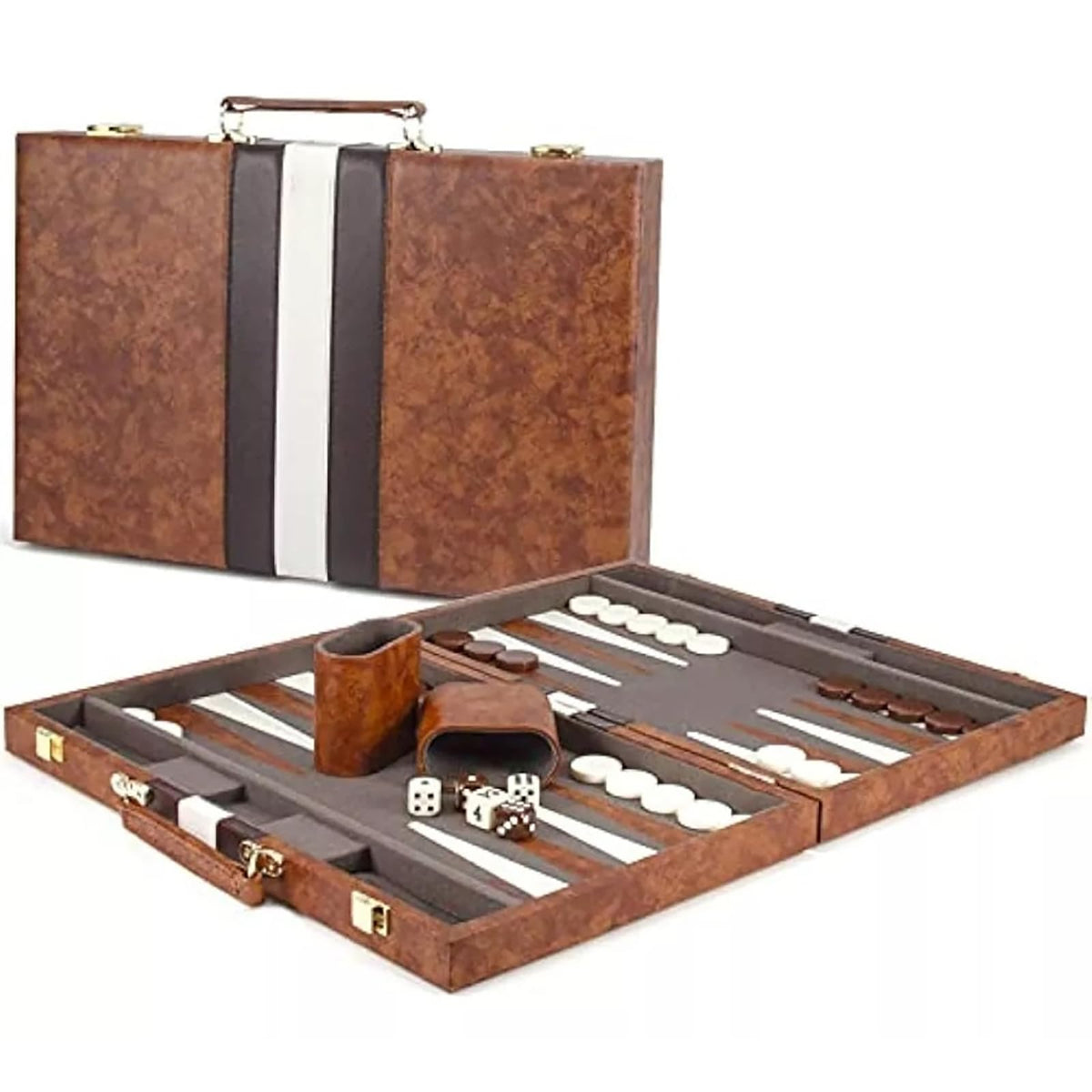 LuckyWish backgammon leather case closed with sturdy latches for travel.