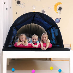 Lucky Castle bed tent entrance rolled up for easy entry and exit.