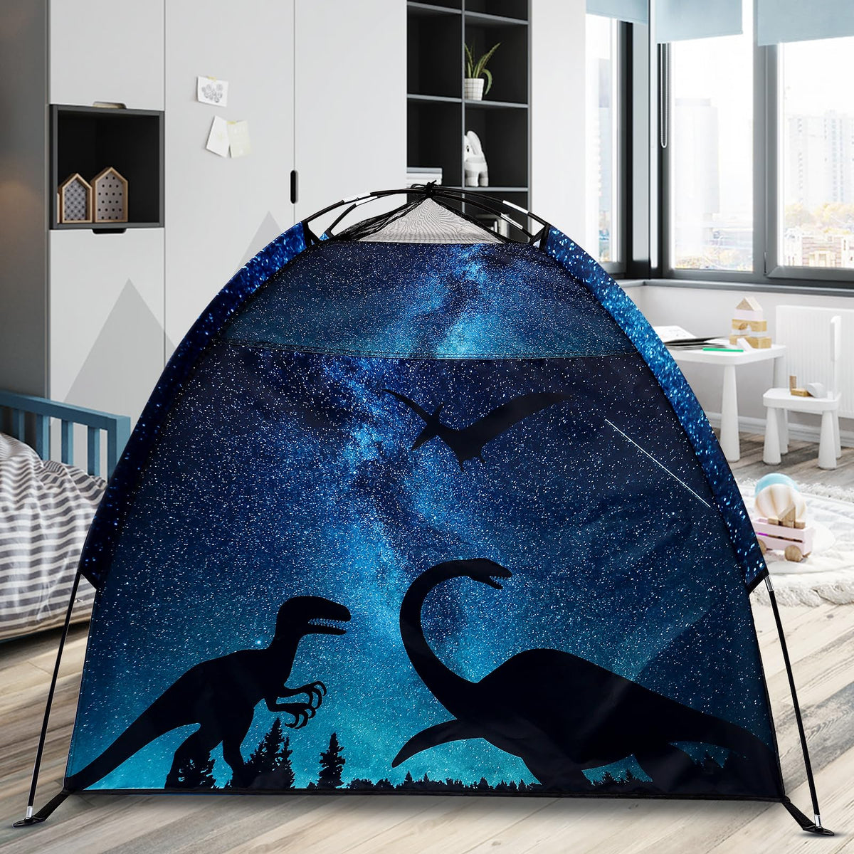 Lucky Castle play tent easy-assembly with two fiberglass poles for quick setup.