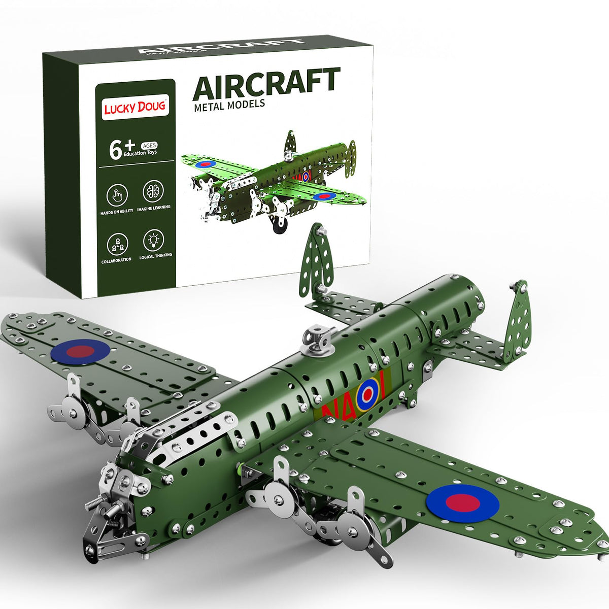 Lucky Doug airplane assembly parts showing durable metal pieces for hands-on STEM learning.