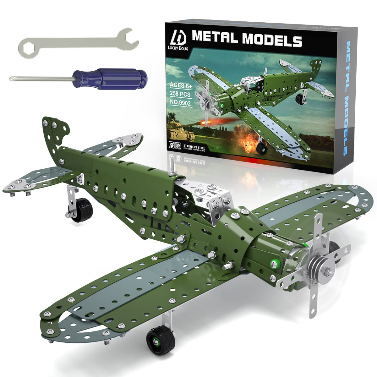 Lucky Doug airplane model parts ready for durable metal assembly and play.