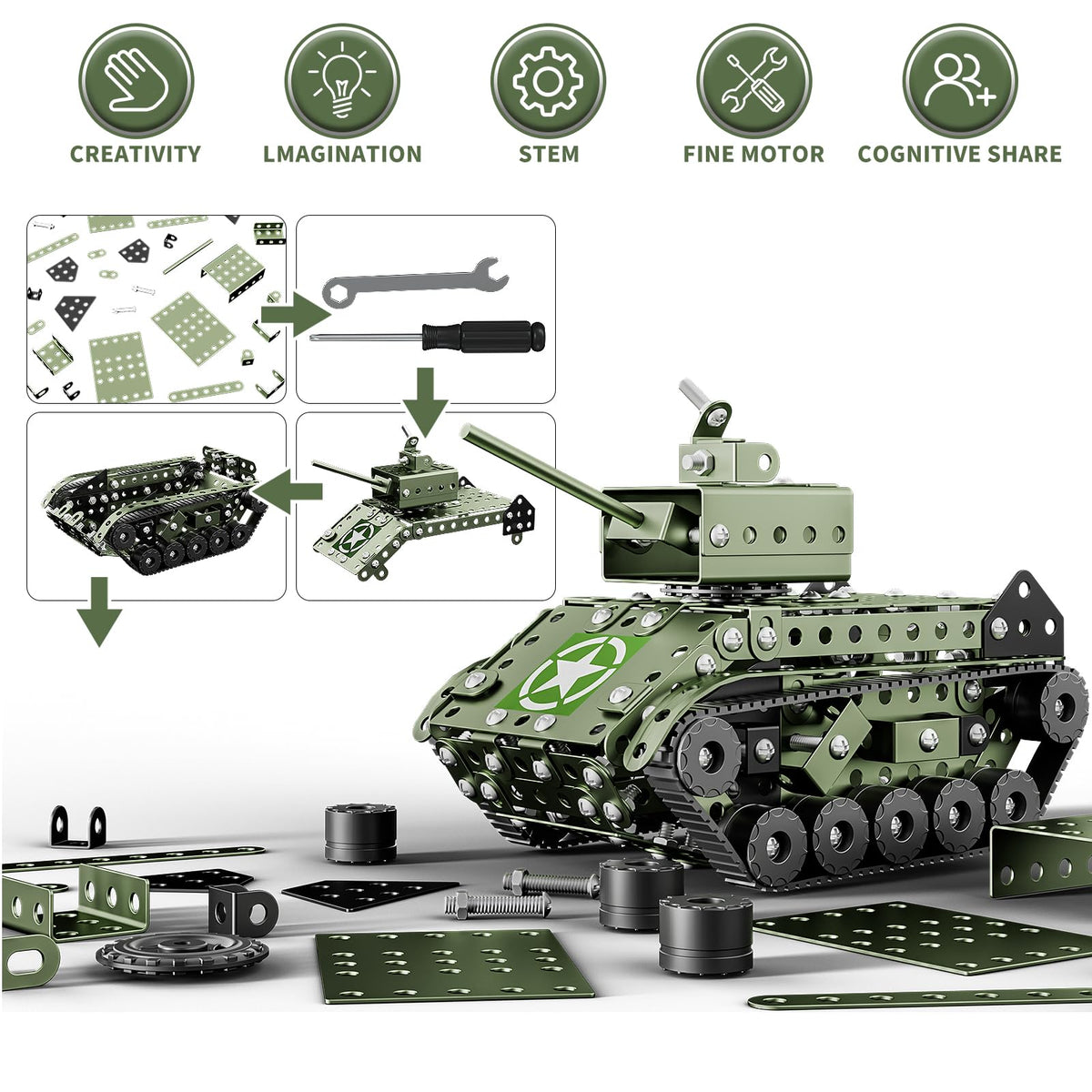 Lucky Doug Army Tank collection display capturing a sturdy STEM keepsake