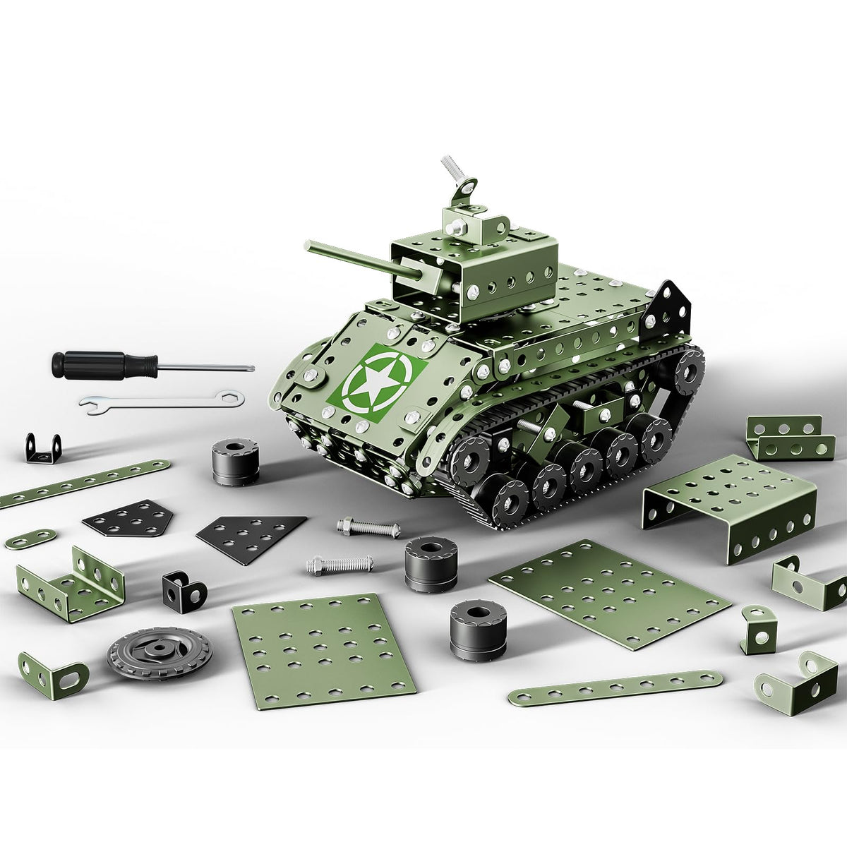 Lucky Doug Army Tank metal pieces showing anti-rust finish for durability