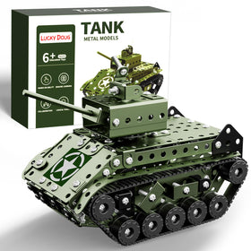 Lucky Doug Army Tank model during assembly for hands-on STEM learning