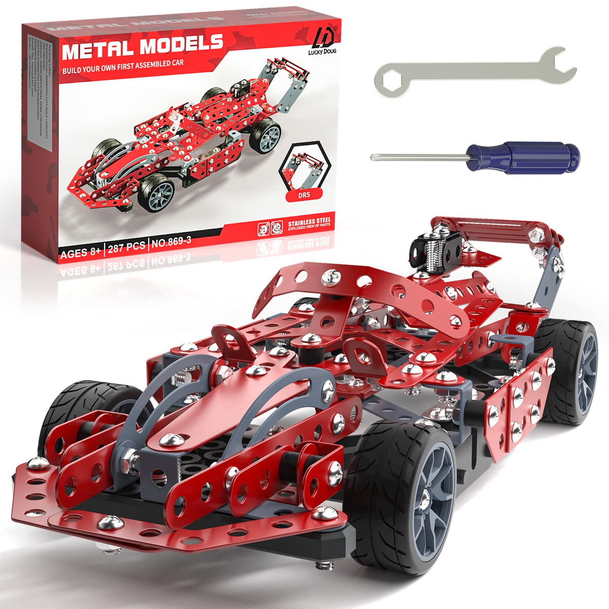 Lucky Doug Building Kit Model Car Set cover image showing packaging and promise of STEM learning