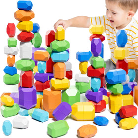 Lucky Doug stacking rocks 50pcs layout promotes color recognition and creative stacking for toddlers.