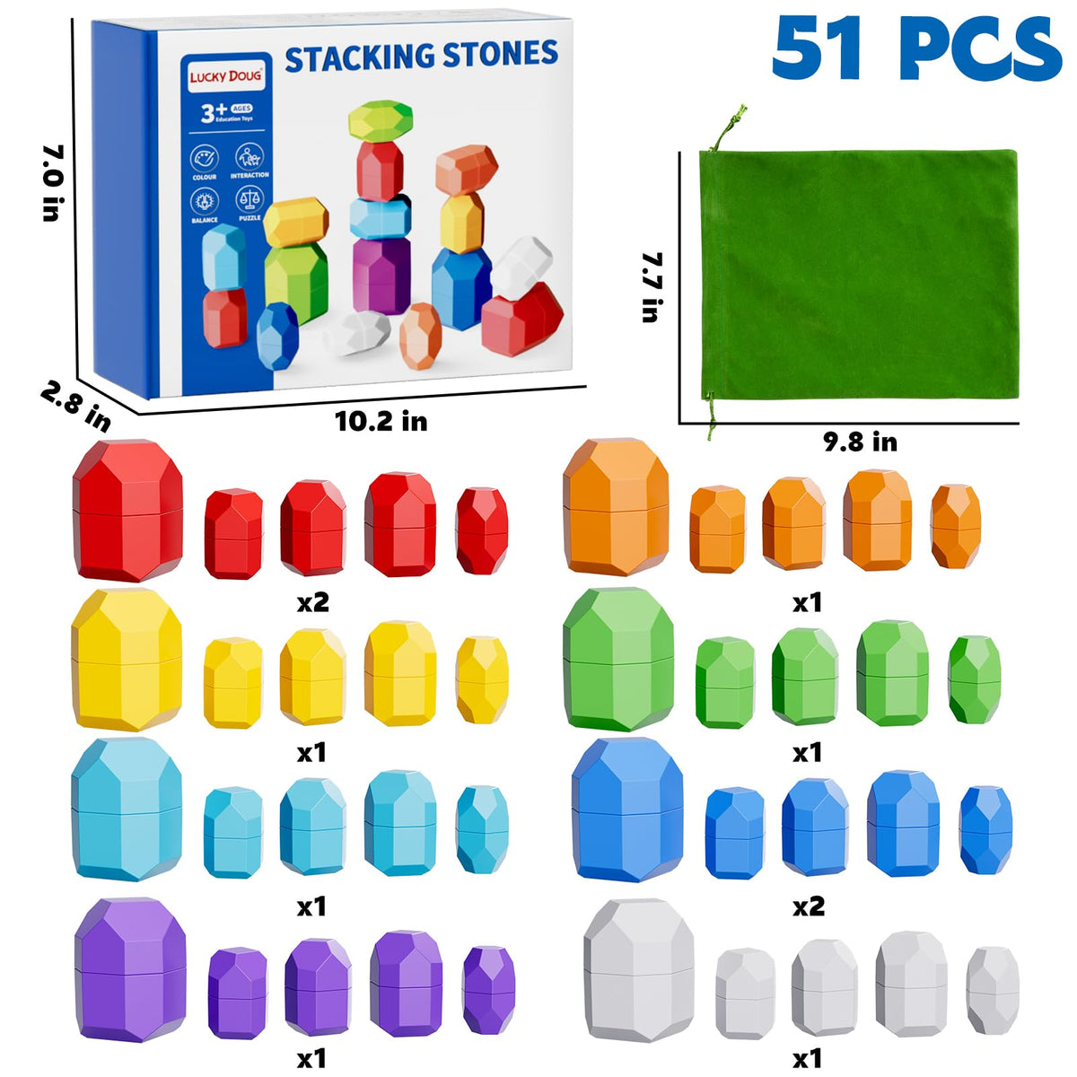 Lucky Doug stacking rocks 50pcs in 8 colors helps toddlers practice matching and visual discrimination.