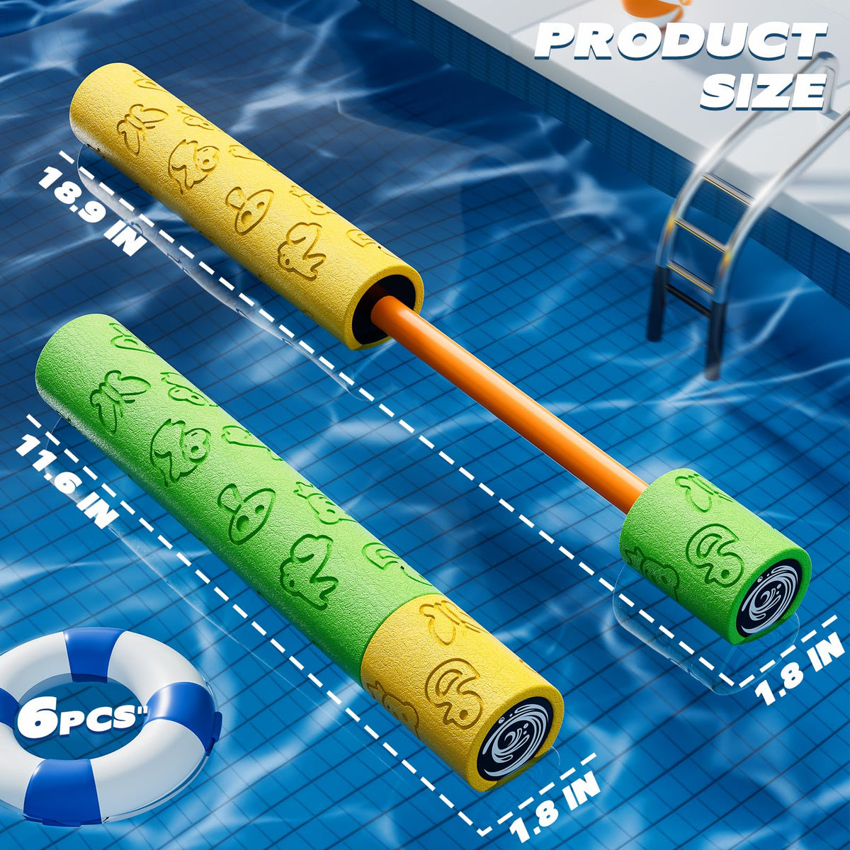 Lucky Doug 6-pack Foam Water Blaster set with assorted colors, easy team assignments during play.