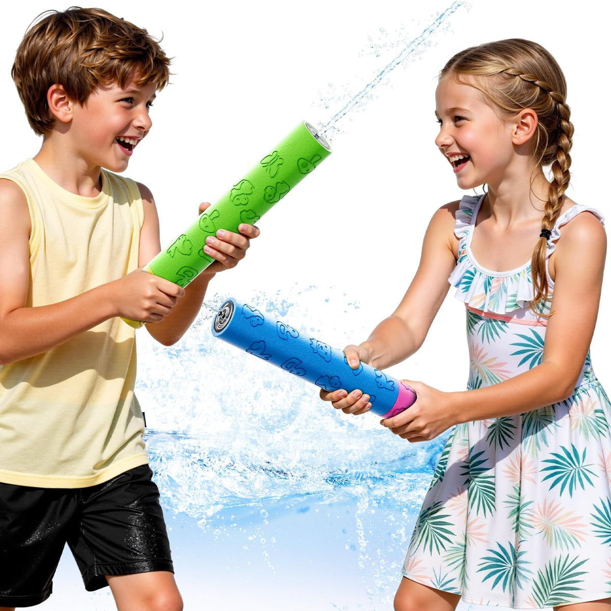 Lucky Doug Toddler Foam Water Blaster in yellow pattern, bright, easy to spot during group water games.