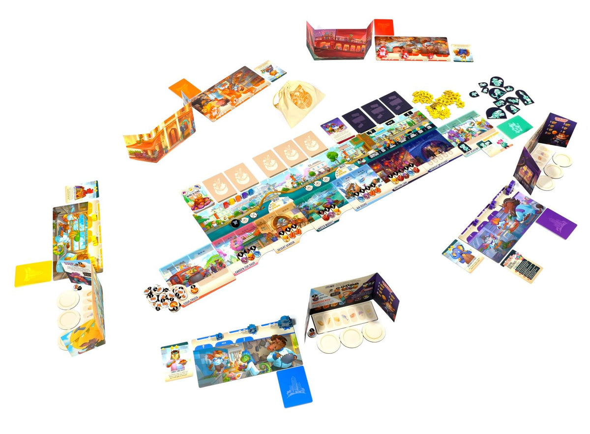 Lucky Duck Games Critter Kitchen game board featuring competing chefs racing for ingredients