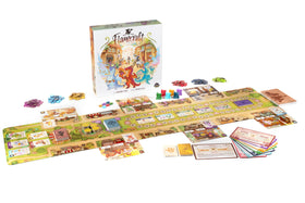 Lucky Duck Games Flamecraft game board showcasing vibrant shops for strategic play.