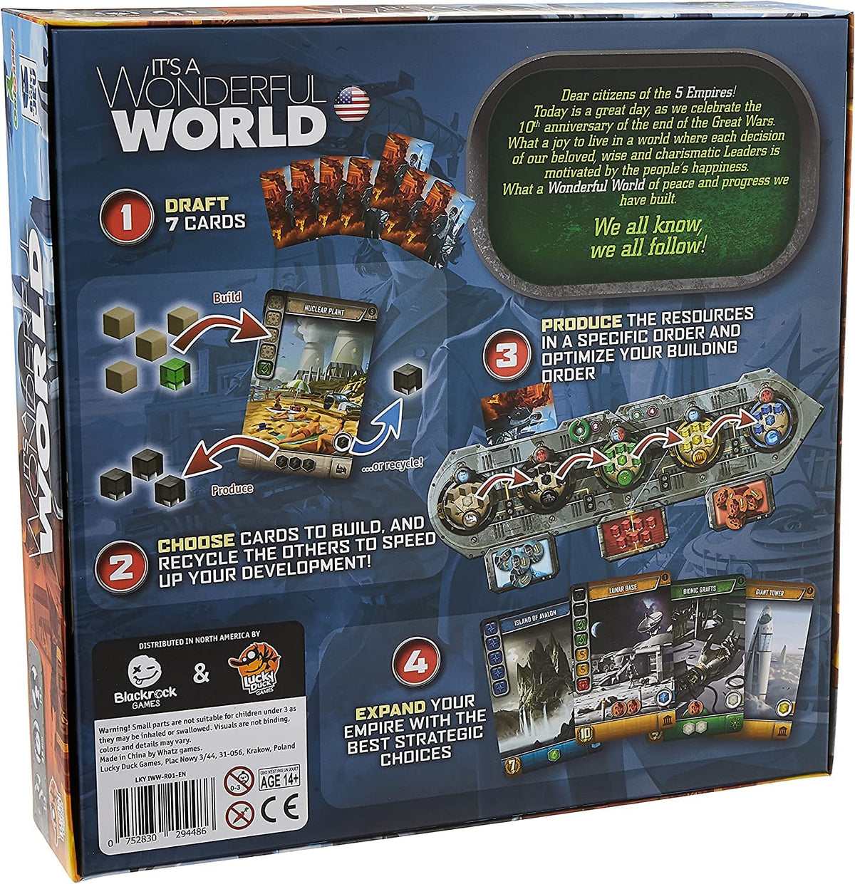 Lucky Duck Games' It's A Wonderful World card draft action highlights strategic decision-making.