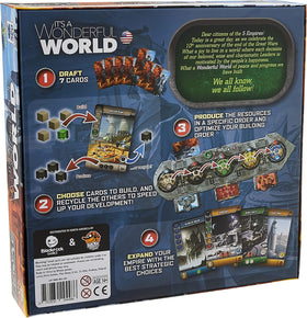 Lucky Duck Games' It's A Wonderful World card draft action highlights strategic decision-making.