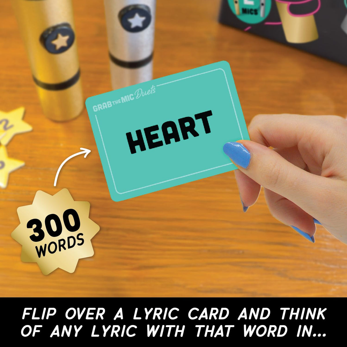 Lucky Egg Grab The Mic DUETS card deck enables quick song guessing and laughter.