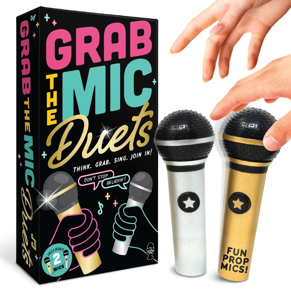Lucky Egg Grab The Mic DUETS front cover for vibrant family game night.
