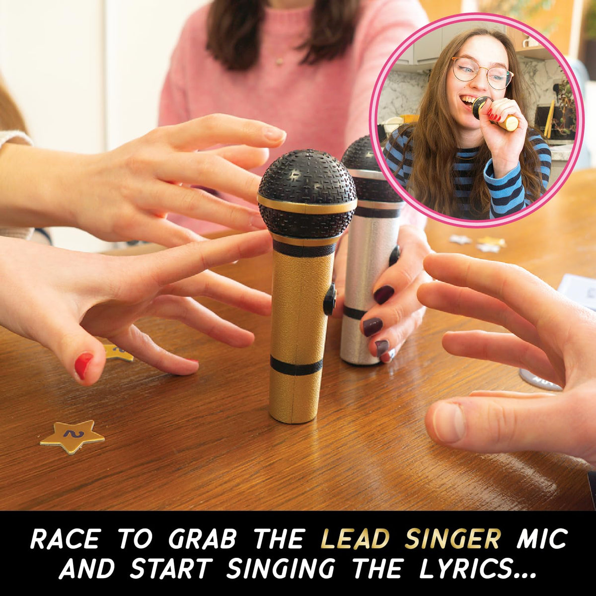 Lucky Egg Grab The Mic DUETS players cheer around the game table during rounds.