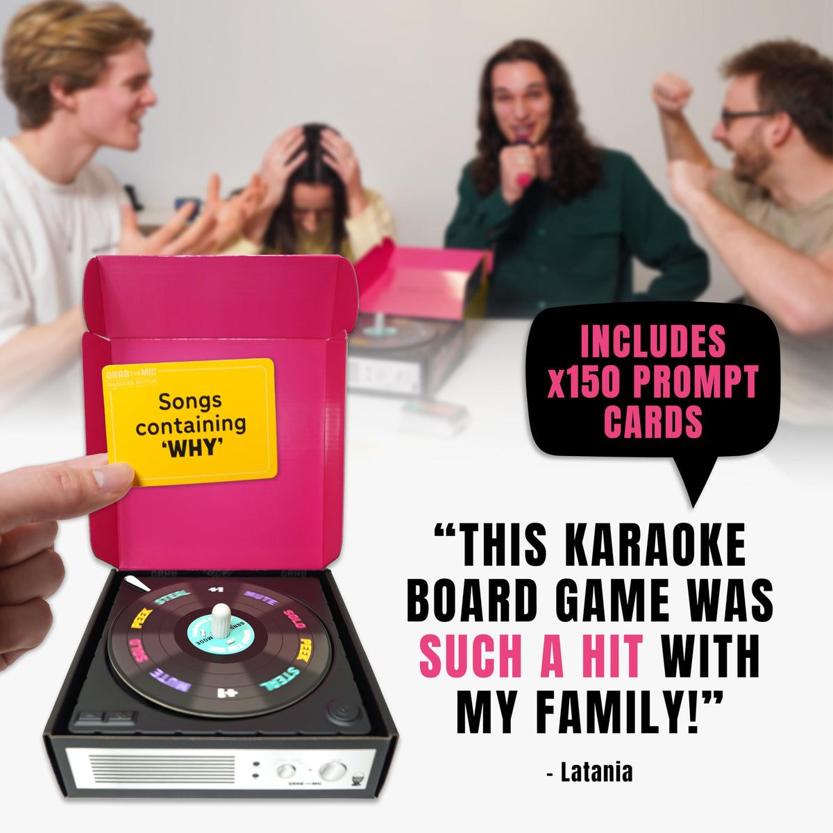 Lucky Egg Grab The Mic spinning-record timer adds suspense during every round.