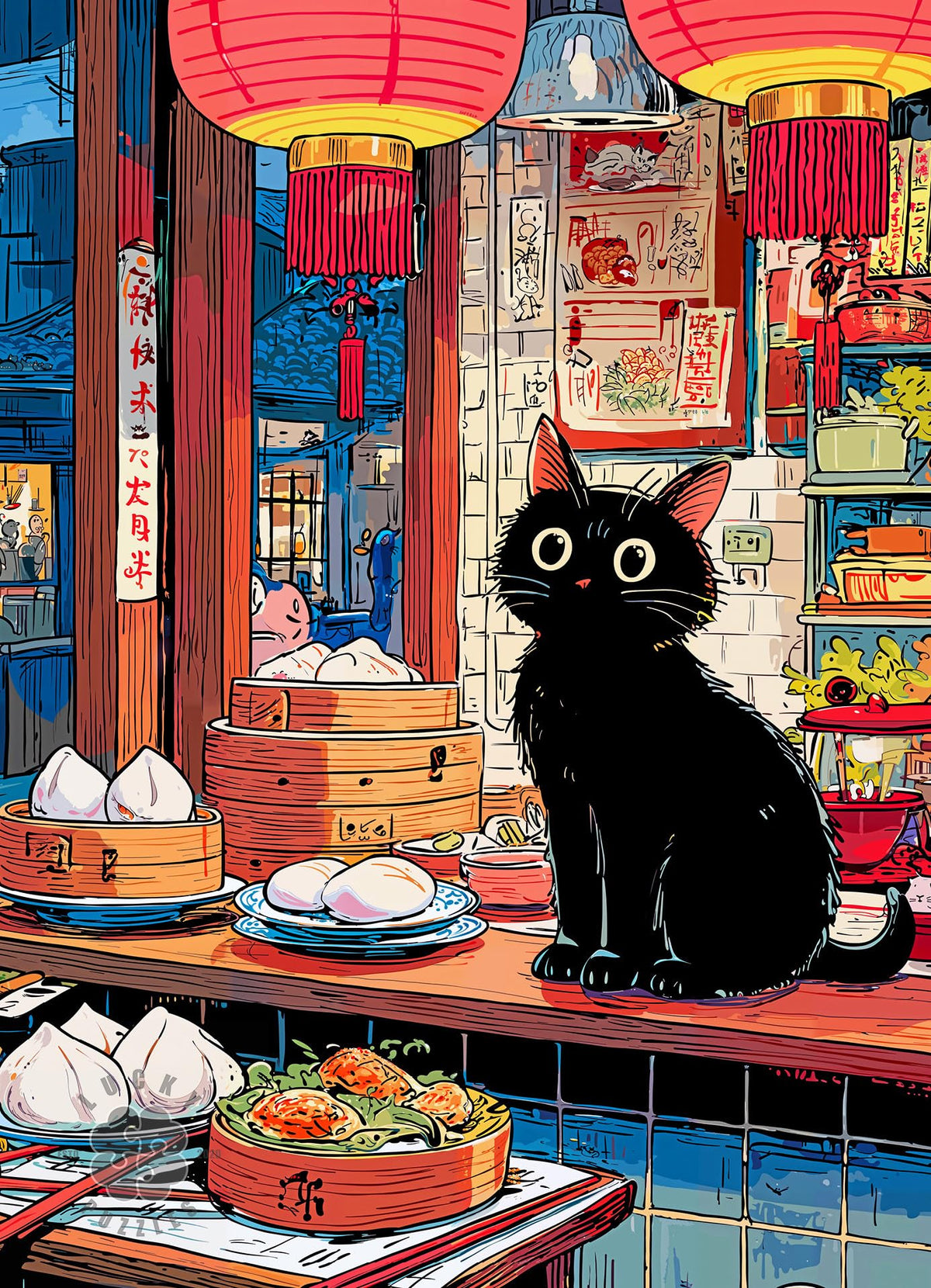 Lucky Puzzles Bao & Whiskers cat dim sum counter scene for cozy evenings.