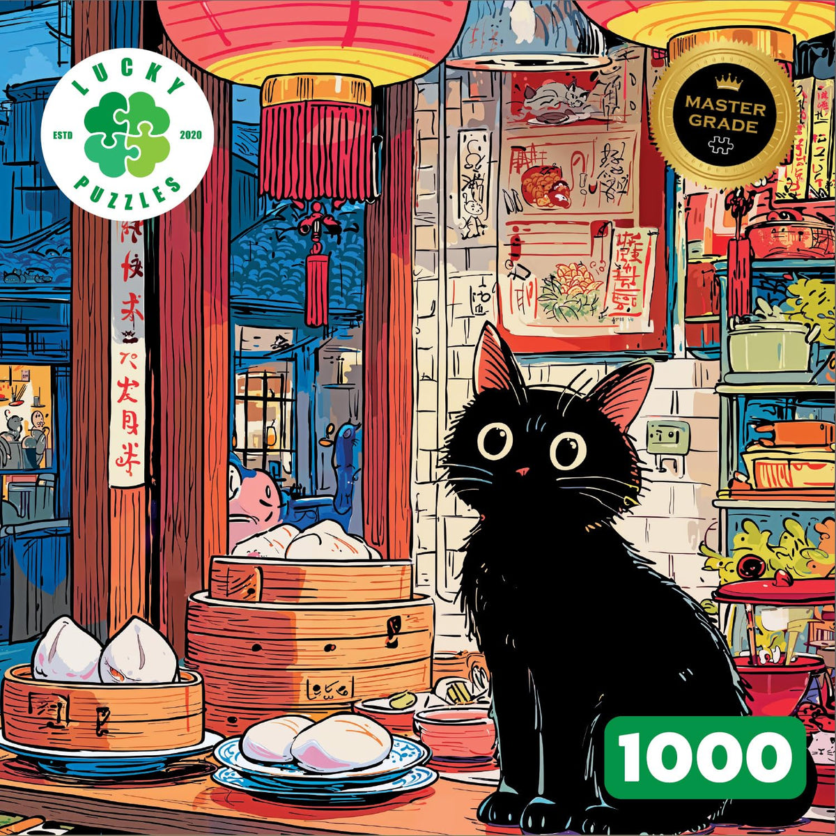 Lucky Puzzles Bao & Whiskers lanterns and posters scene evokes curiosity and mood.