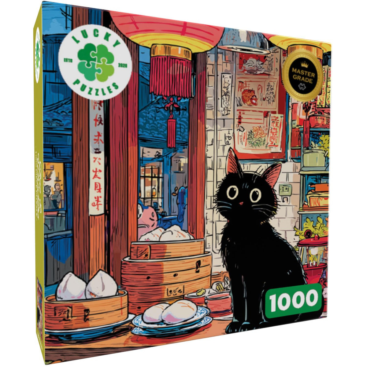 Lucky Puzzles Bao & Whiskers puzzle pieces closeup showcases intricate artwork.