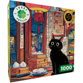 Lucky Puzzles Bao & Whiskers puzzle pieces closeup showcases intricate artwork.