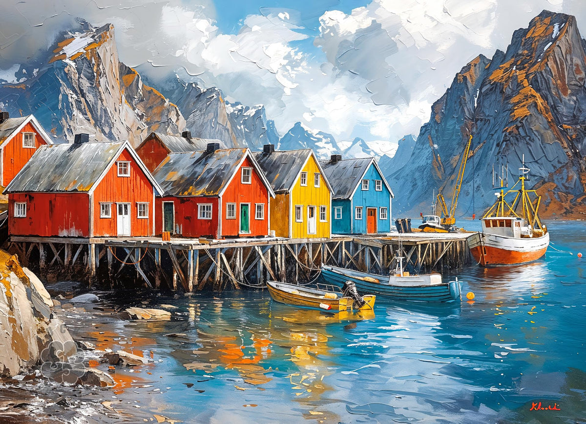 Lucky Puzzles Lofoten by the Sea: colorful cabins brighten your relaxing puzzle session.