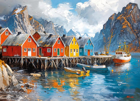 Lucky Puzzles Lofoten by the Sea: colorful cabins brighten your relaxing puzzle session.