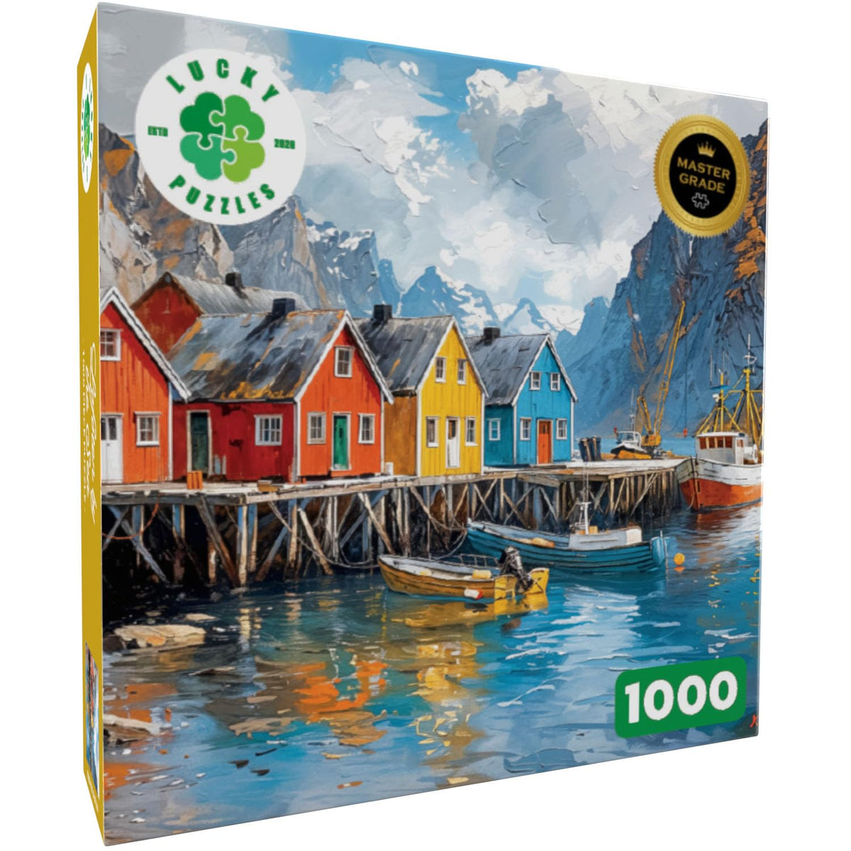 Lucky Puzzles Lofoten by the Sea: harbor scene with trawlers boosts coastal mood during evenings.