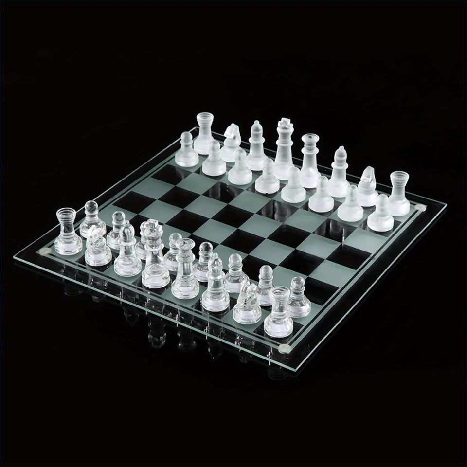 LuckyWish glass chess set board with clear and frosted pieces for striking play