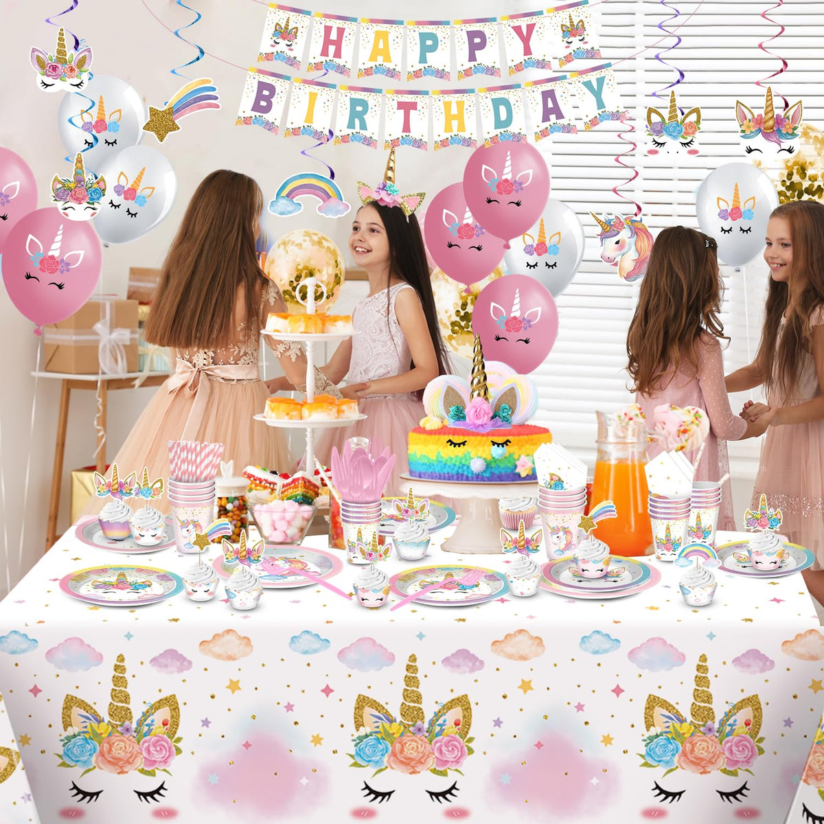 LUCSUER unicorn tablecloth and toppers create a cohesive dessert table