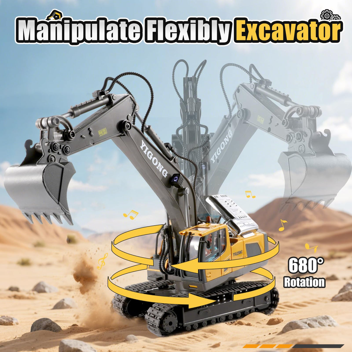 LUDILO RC excavator joystick operation demonstrates precise multi-direction control for kids.
