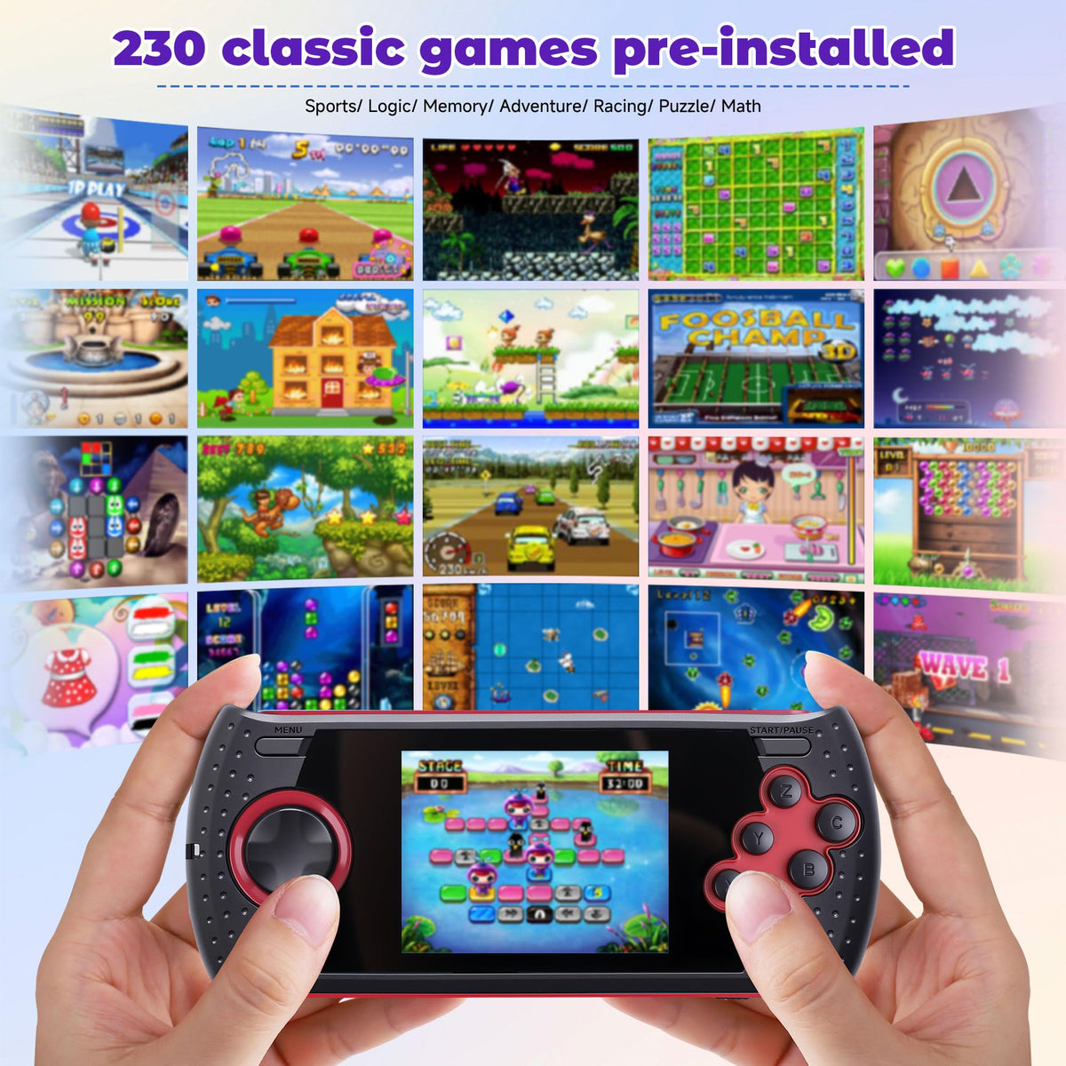 LUHYAUAN 16-bit handheld from the back shows rugged, kid-friendly shell.