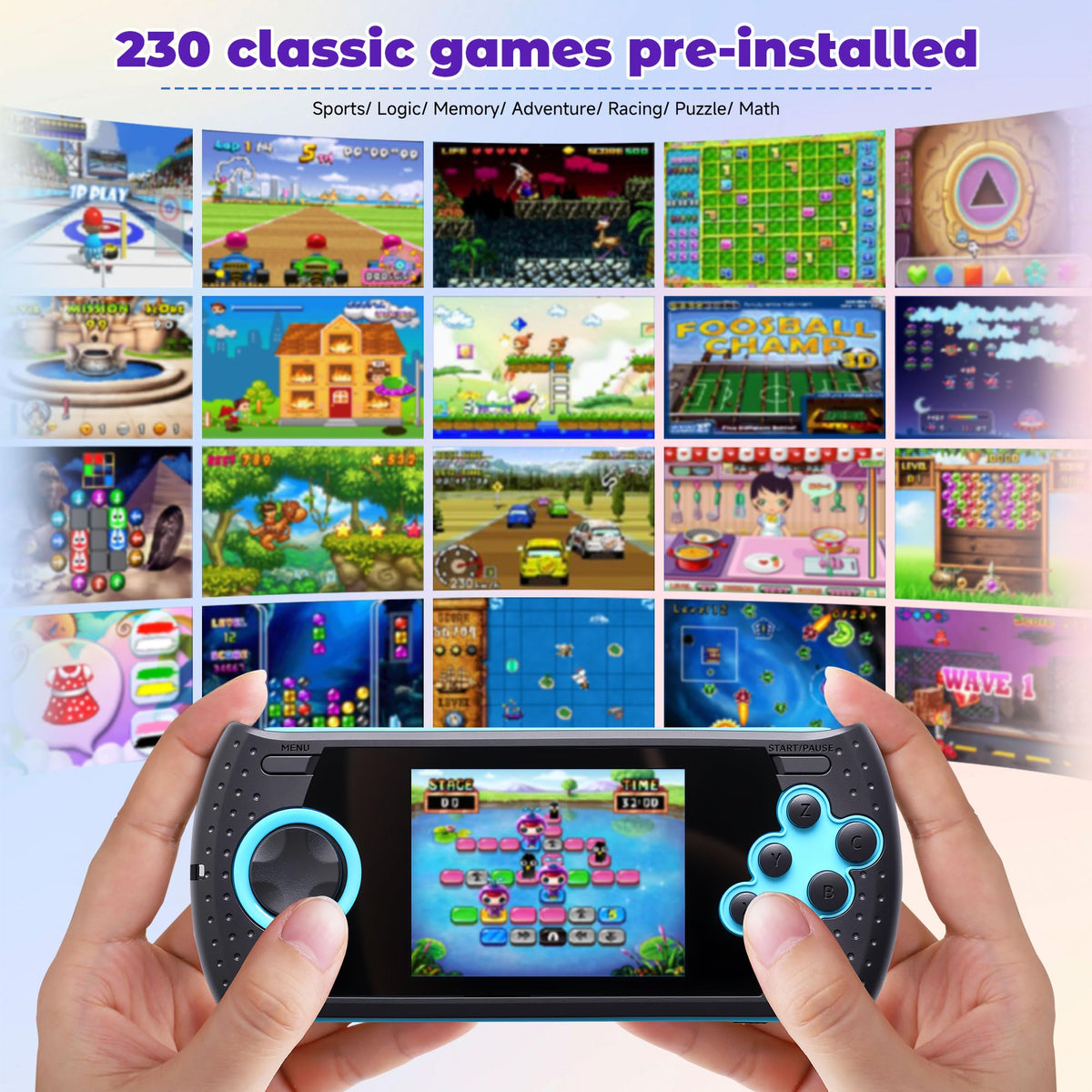 LUHYAUAN built-in 230 games offer variety for kids' play.