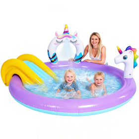 LUKBERA unicorn arch water sprayer for backyard cooling and play.