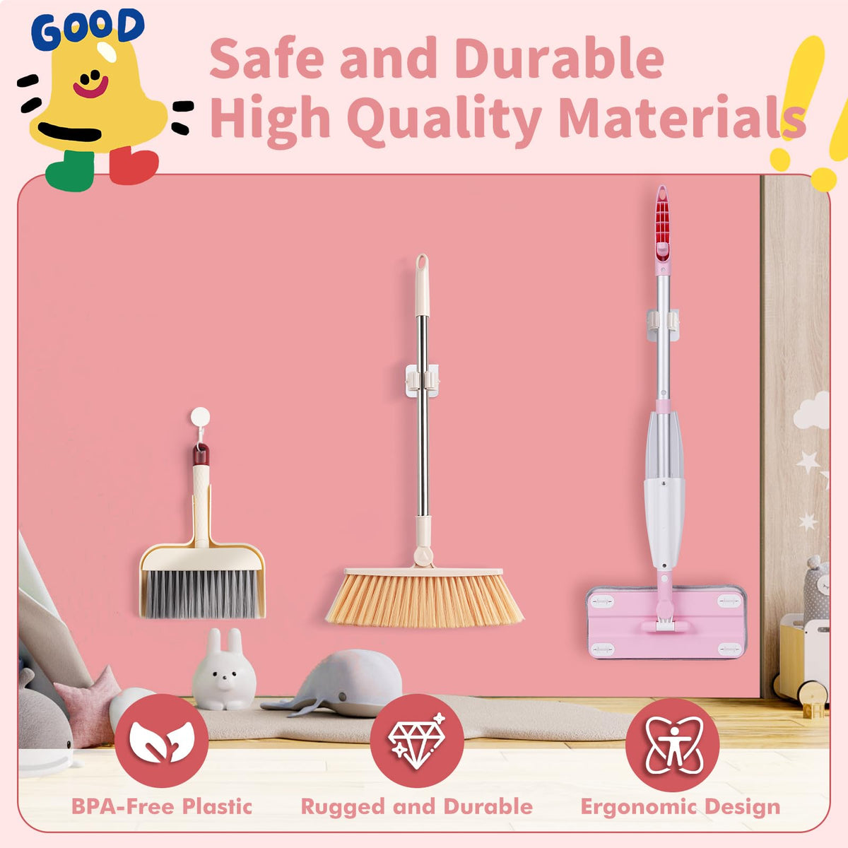 Lullulii Kids Broom Dustpan pink set supports tidy-up routines