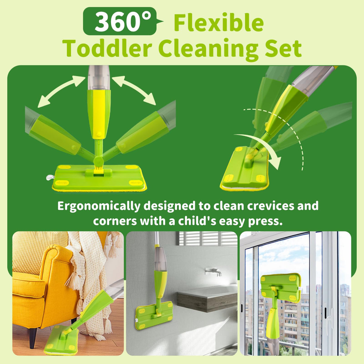 Lullulii Kids Spray Mop ergonomic handle guides tiny hands with steady control.