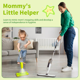 Lullulii Kids Spray Mop kid using the set to help clean floors.