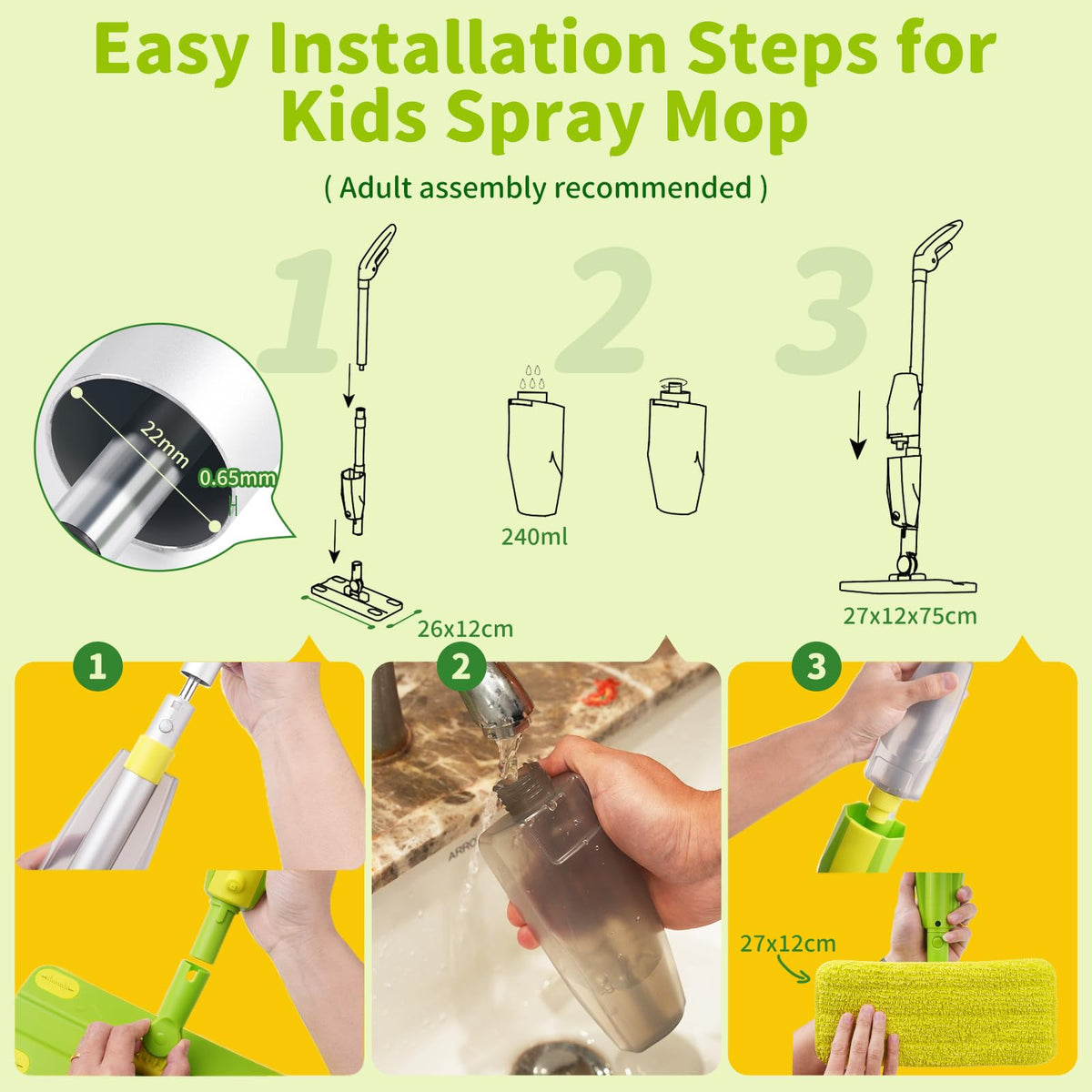 Lullulii Kids Spray Mop microfiber pad ready to pick up dust and spills during playtime.