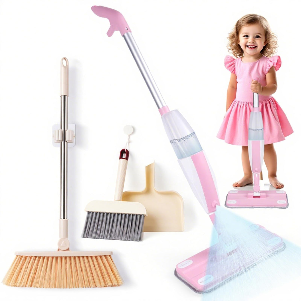 Lullulii Kids Spray Mop pink with working sprayer for realistic pretend cleaning