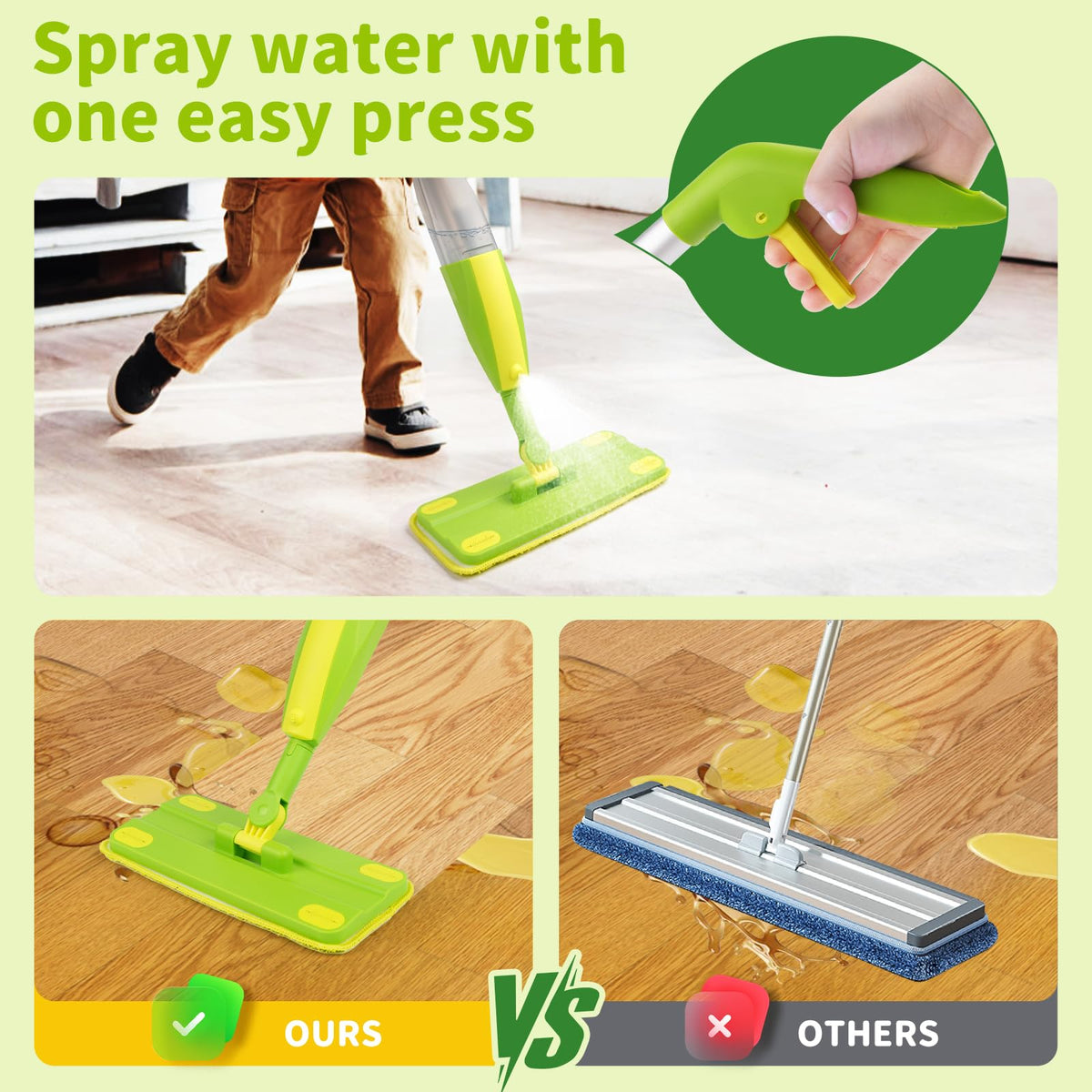 Lullulii Kids Spray Mop water tank shows refillable design for easy hydration imitation.